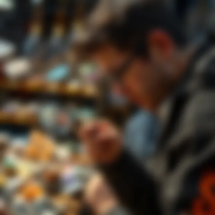 An enthusiast examining mineral specimens with a magnifying glass
