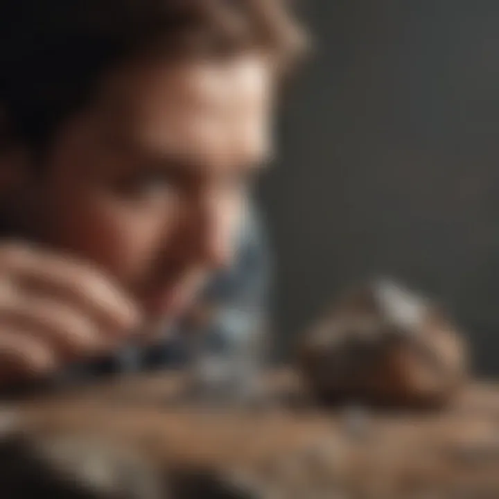 A person examining a mineral rock with a magnifying glass for detailed identification.