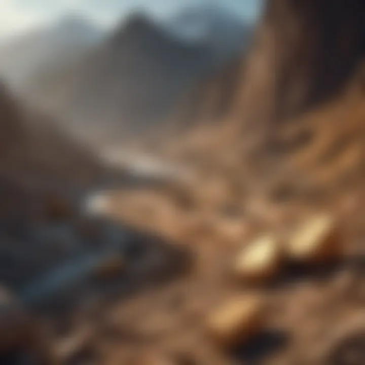 A scenic view of a remote gold mining area surrounded by mountains.