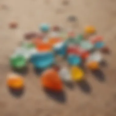 A close-up of colorful sea glass scattered across a sandy beach