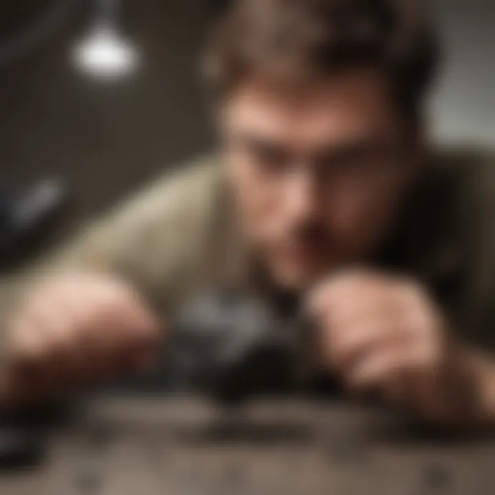 A scientist examining a meteorite metal specimen under a microscope