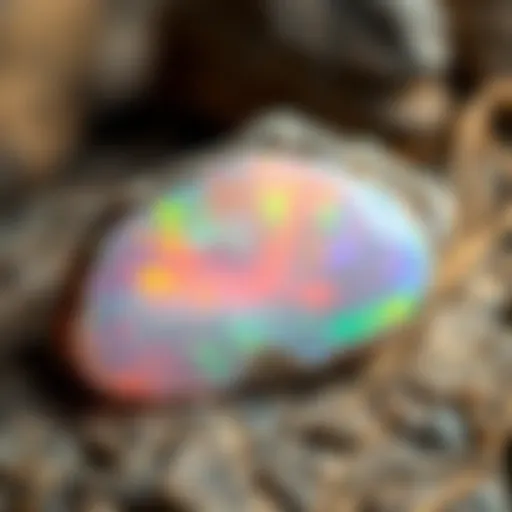 Vivid Opal Rock Displaying Play-of-Color A close-up view of a vibrant opal rock showcasing its play-of-color