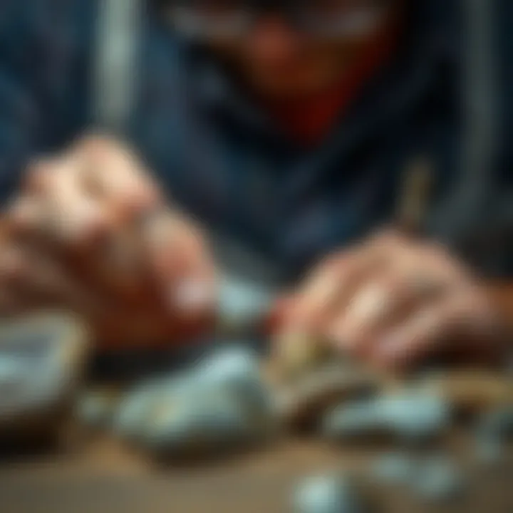 Craftsmanship in Petoskey Stone Jewelry A craftsman skillfully shaping Petoskey stones into exquisite jewelry.