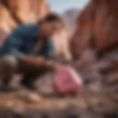 A collector examining a pink rock in natural surroundings