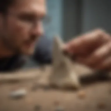 A paleontologist carefully examining a fossilized shark tooth with tools.