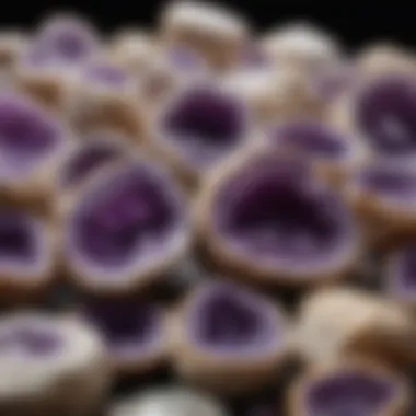 An assortment of raw amethyst geodes displayed for collection purposes