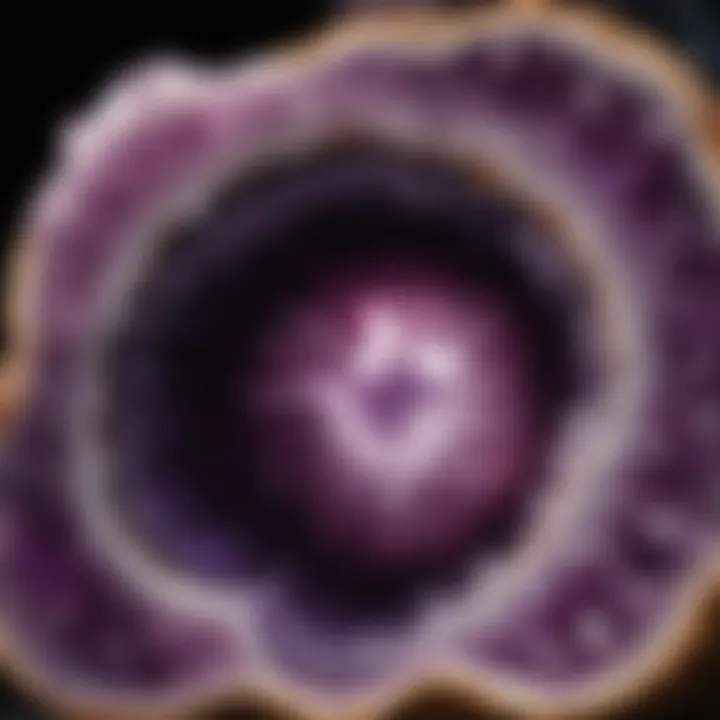 Cross-section of a geode revealing the inner sparkling amethyst crystals