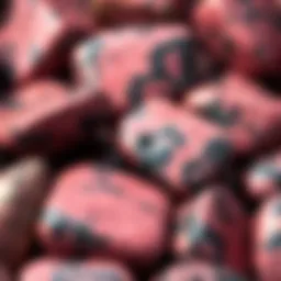 A close-up view of polished rhodonite stones showcasing their vibrant pink and black patterns.