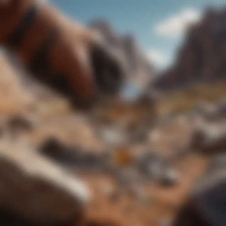 A close-up view of a rock hound examining a mineral with a magnifying glass in a natural setting.