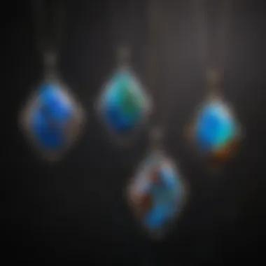 Elegant Display of Boulder Opal Pendants Boulder opal pendants displayed elegantly on a dark velvet background