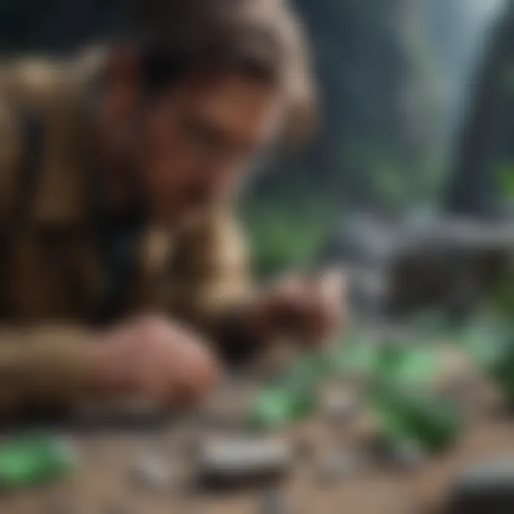 A geologist examining green translucent stones with magnifying tools.