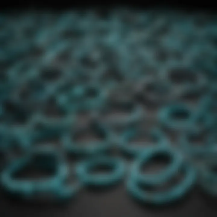 A beautifully arranged display of various turquoise bracelets representing different styles and designs