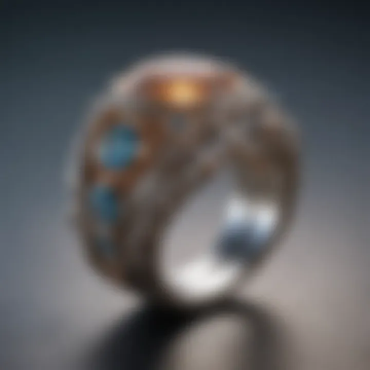 Close-up of an intricately designed wire wrap ring showcasing elegant curves and natural stones