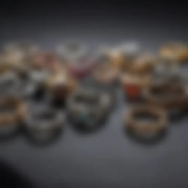 Collection of various wire wrap rings displayed artistically on a velvet background