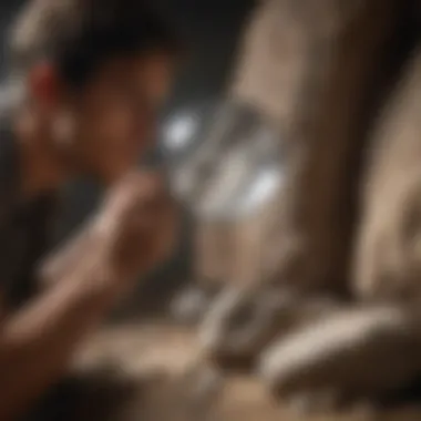 A person examining a rock under natural light with a magnifying glass