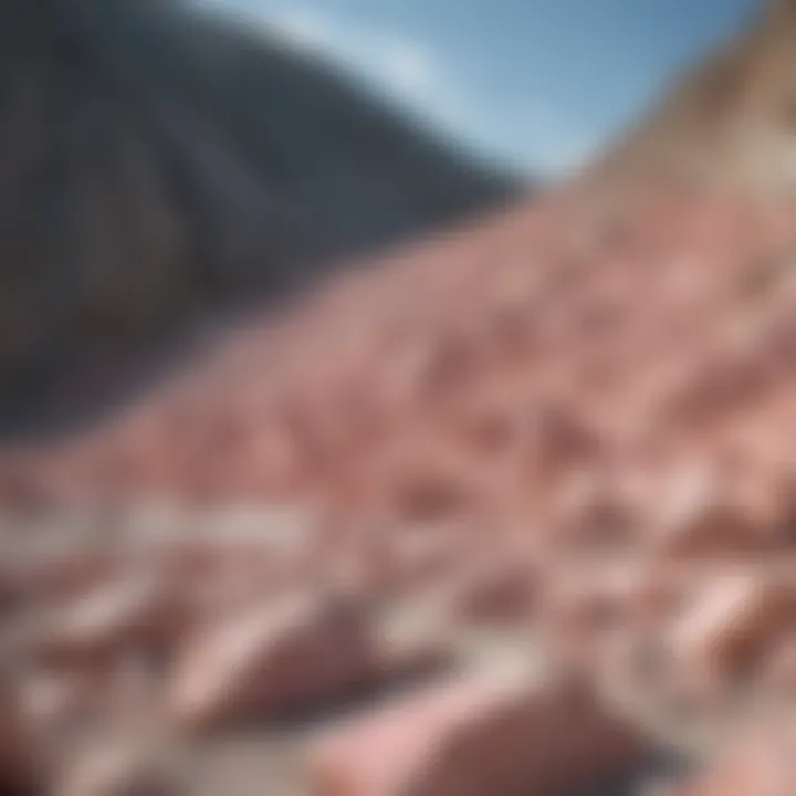 An expansive view of a quarry revealing layers of Rose Quartz granite, emphasizing its unique pink hues.