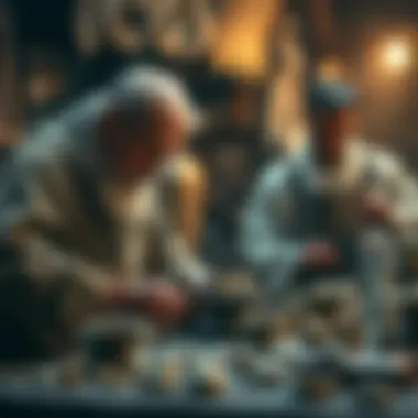 A historical depiction of ancient jewelers at work, highlighting traditional craftsmanship.
