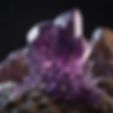 Amethyst Crystal Display A stunning display of amethyst crystals showcasing their vibrant purple hue and unique formation.