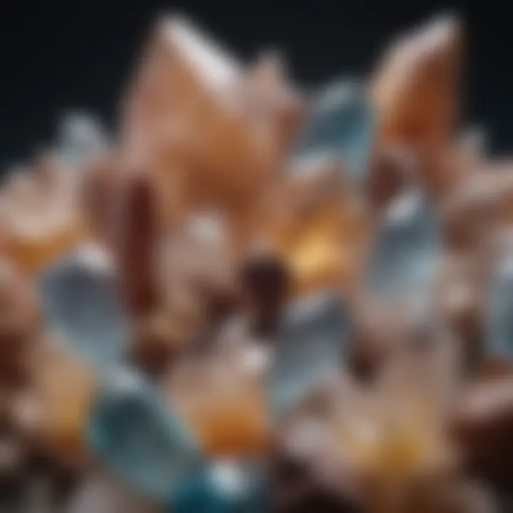 An artistic arrangement of various quartz crystals, illustrating their diversity in shapes and colors.
