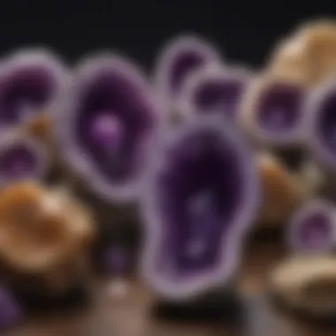 Elegant Collector's Display of Amethyst Geodes An elegant arrangement of amethyst geodes in a collector's display.