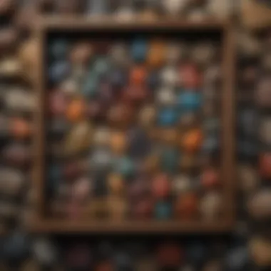 A diverse collection of colorful rocks displayed in a wooden box