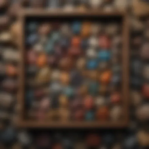 A diverse collection of colorful rocks displayed in a wooden box