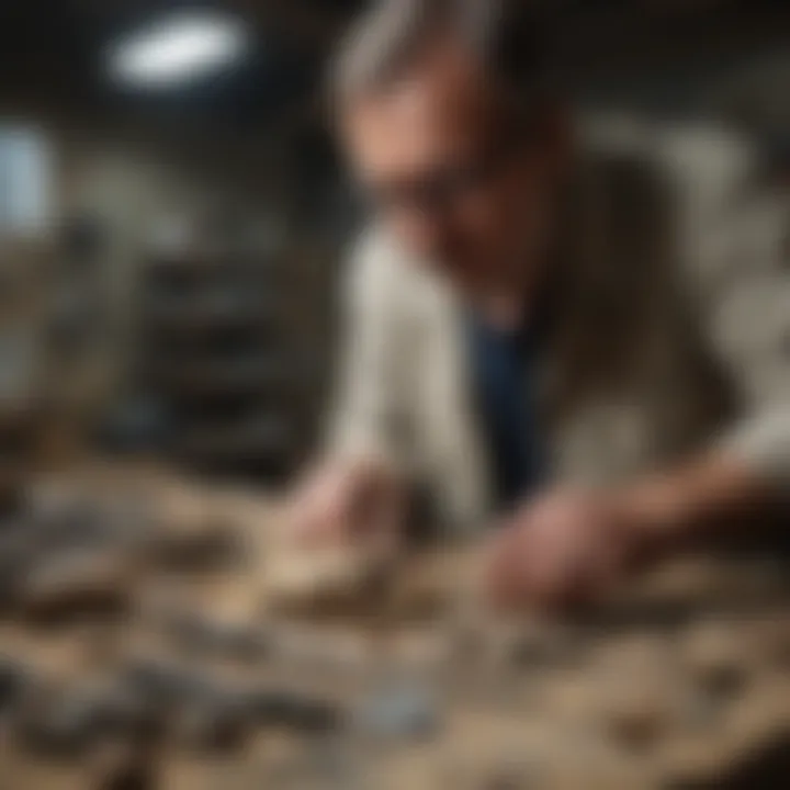 An expert meticulously examining a fossil specimen with tools for preservation