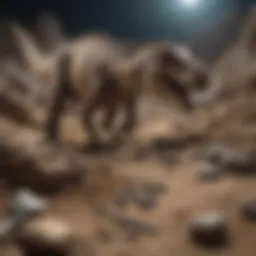 A detailed view of a dinosaur fossil excavation site showcasing various tools and techniques used by paleontologists.