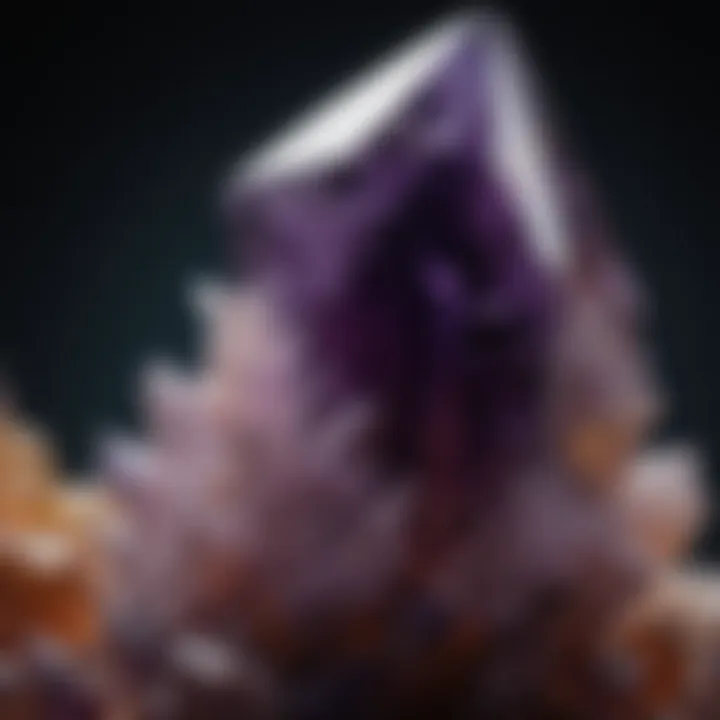 A close-up view of a giant amethyst crystal showcasing its intricate details and vibrant color.