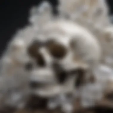 An artistic arrangement of clear quartz skulls on a natural stone background