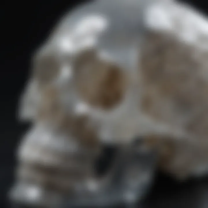 A close-up of a clear quartz crystal skull showcasing its intricate details