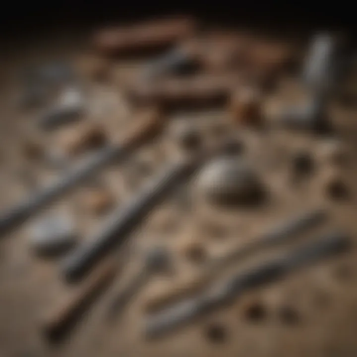 An array of essential tools used in fossil hunting laid out on a rustic background