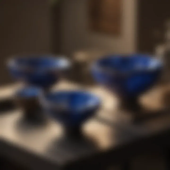 A collection of lapis lazuli bowls displayed in a modern collecting environment