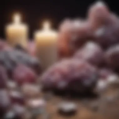 A serene scene depicting the metaphysical properties of lepidolite with soothing crystals and candles