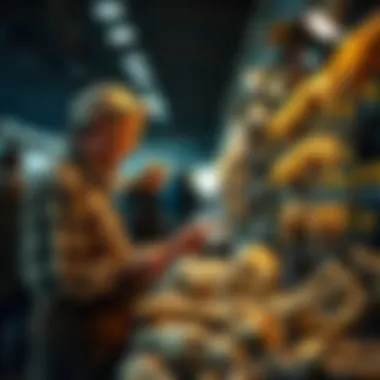 A collector examining dinosaur bones at a fossil fair