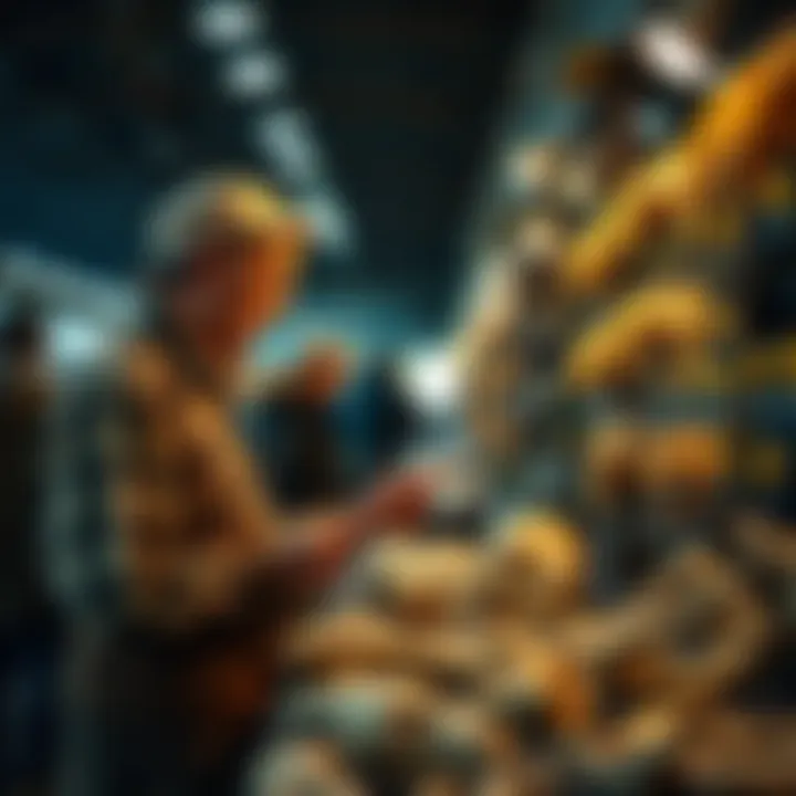 A collector examining dinosaur bones at a fossil fair