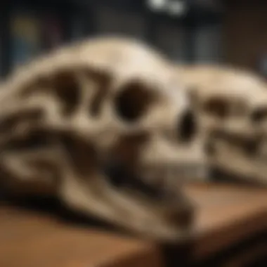 Various specimens of dinosaur skulls displayed in a museum exhibit