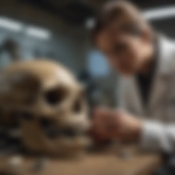 A paleontologist examining a dinosaur skull in a laboratory setting