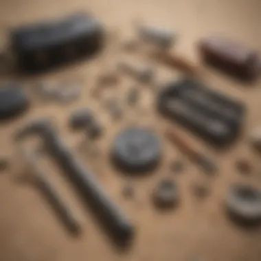 Tools and equipment used for fossil collection scattered on the beach