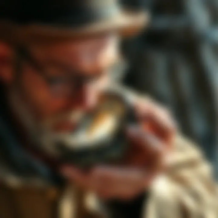 Expert Evaluation of Septarian Nodules An expert examining a septarian nodule under natural light to showcase its aesthetic appeal.