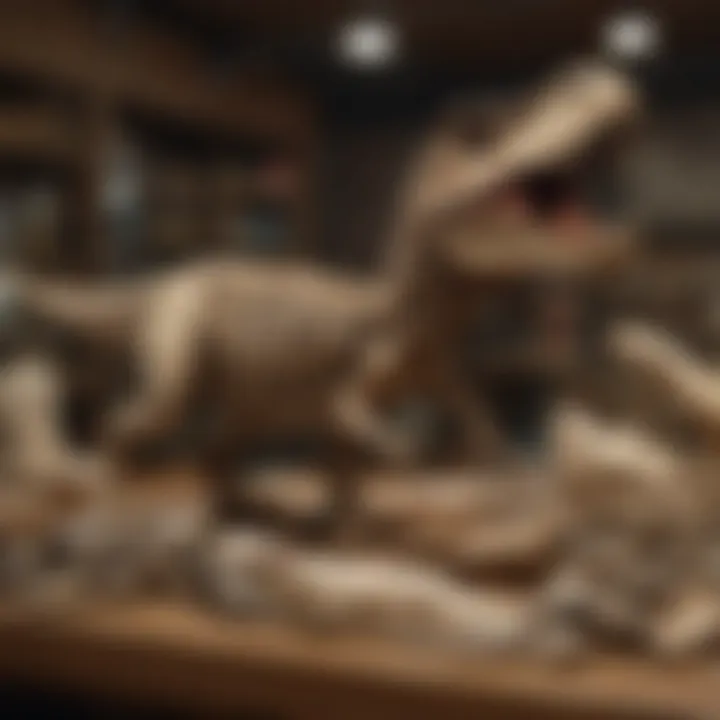 A collection of T. Rex bone replicas displayed on a table, emphasizing the market for fossil replicas.