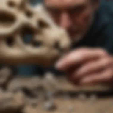 Triceratops bone fragment under examination by a paleontologist