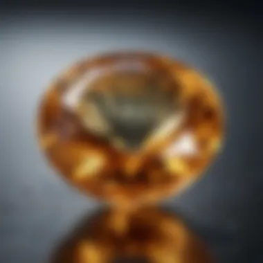 Close-up view of a sparkling citrine gemstone highlighting its clarity and brilliance.