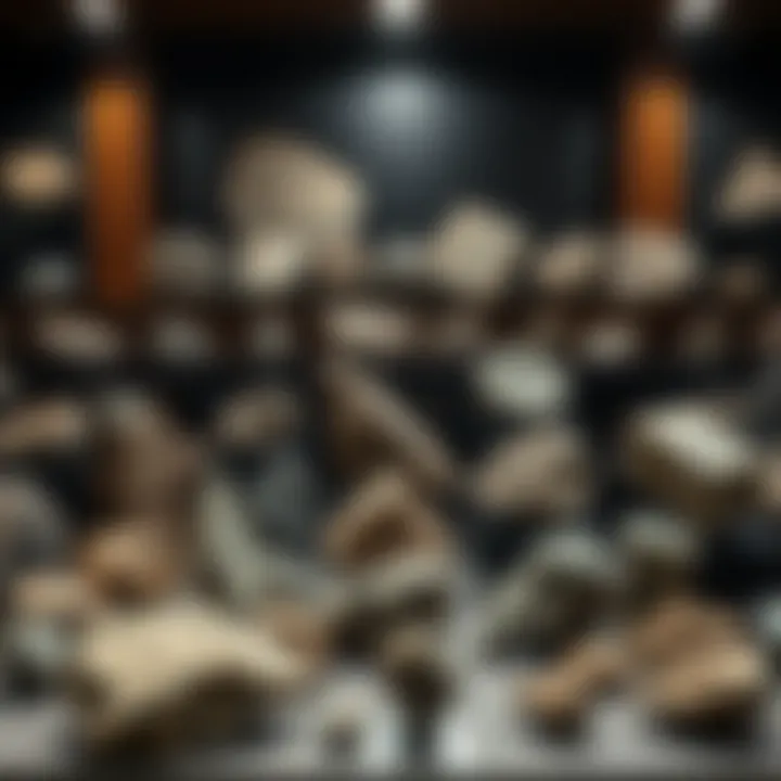 Diverse Meteorite Collection Display An array of various meteorite specimens displayed in an elegant collector's showcase.