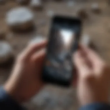 A close-up of a person using a smartphone to search for gemstone information online.