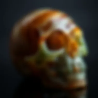 A close-up of a beautifully carved moss agate skull showcasing its intricate patterns and colors.