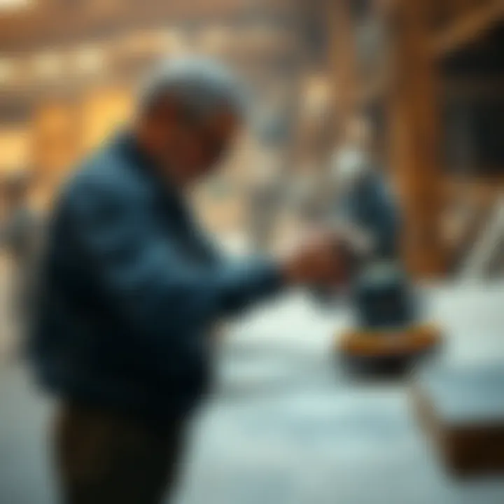 An expert demonstrating the technique of polishing a stone slab with precision and care.