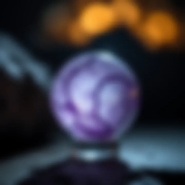 A close-up view of a beautifully polished amethyst sphere reflecting light