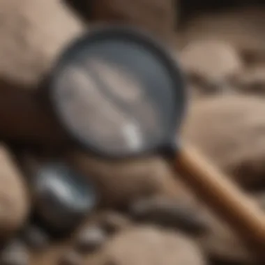 A close-up of a rock hammer and magnifying glass