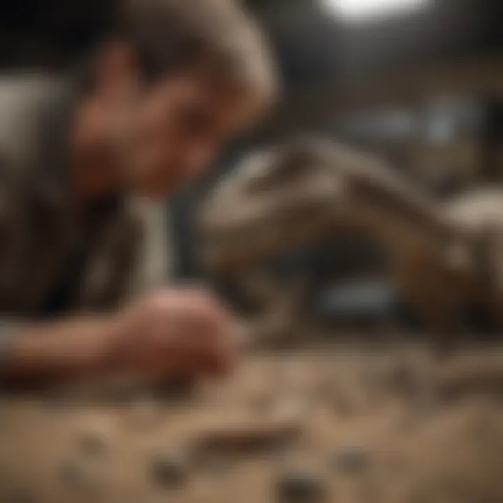 A paleontologist examining a velociraptor bone for authenticity